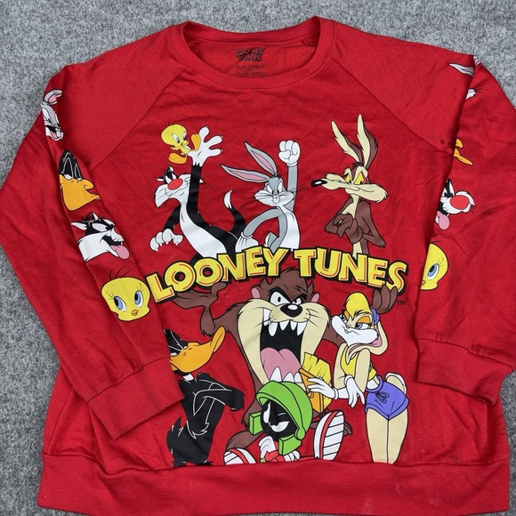 Looney Tunes Mania Tops - Looney Tunes Sweatshirt Women's Xl Red Pullover Cartoon Bugs Bunny Taz Character